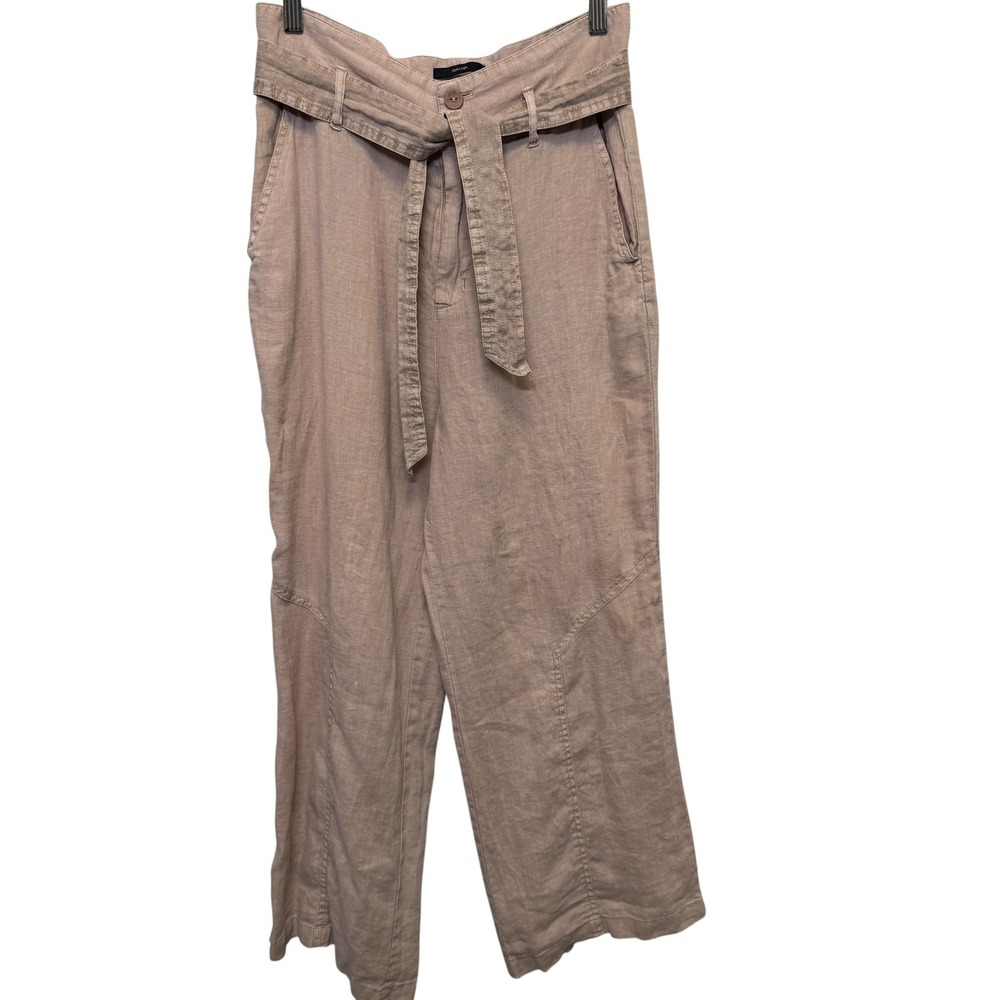 Nicole Miller Womens Linen Pants 6 Beige Wide Leg Belted Casual Summer‎ Relaxed